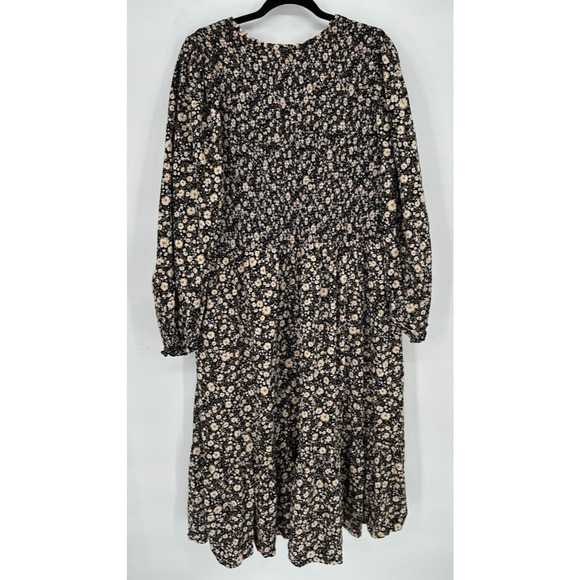 Old Navy Black Ditsy Floral Smocked Midi Dress 3X Long Sleeve Pockets Fall Boho - Picture 6 of 8